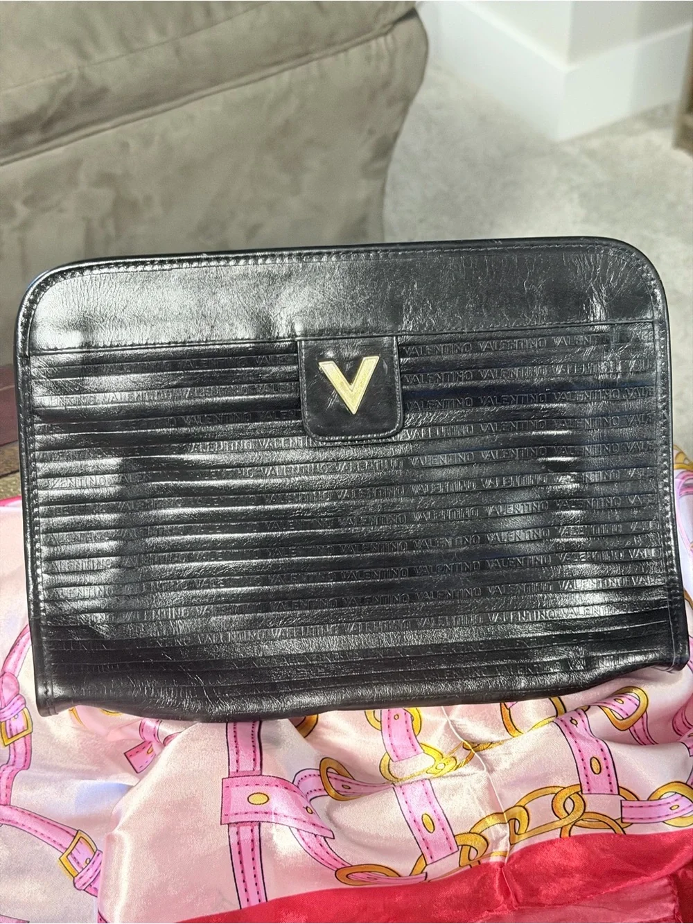 Mario Valentino Black Leather Clutch with Gold V Logo